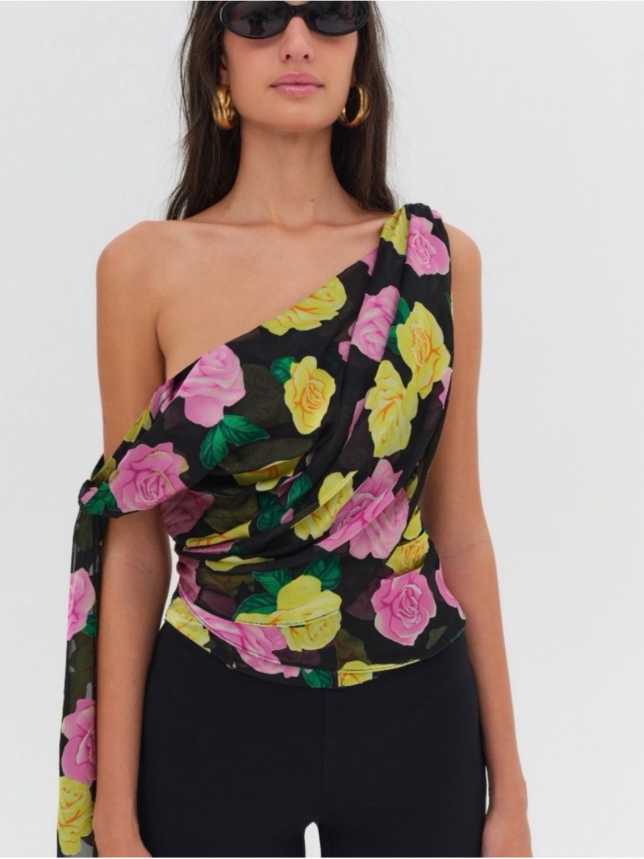For Love & Lemons Black One-Shoulder Rose Print Top